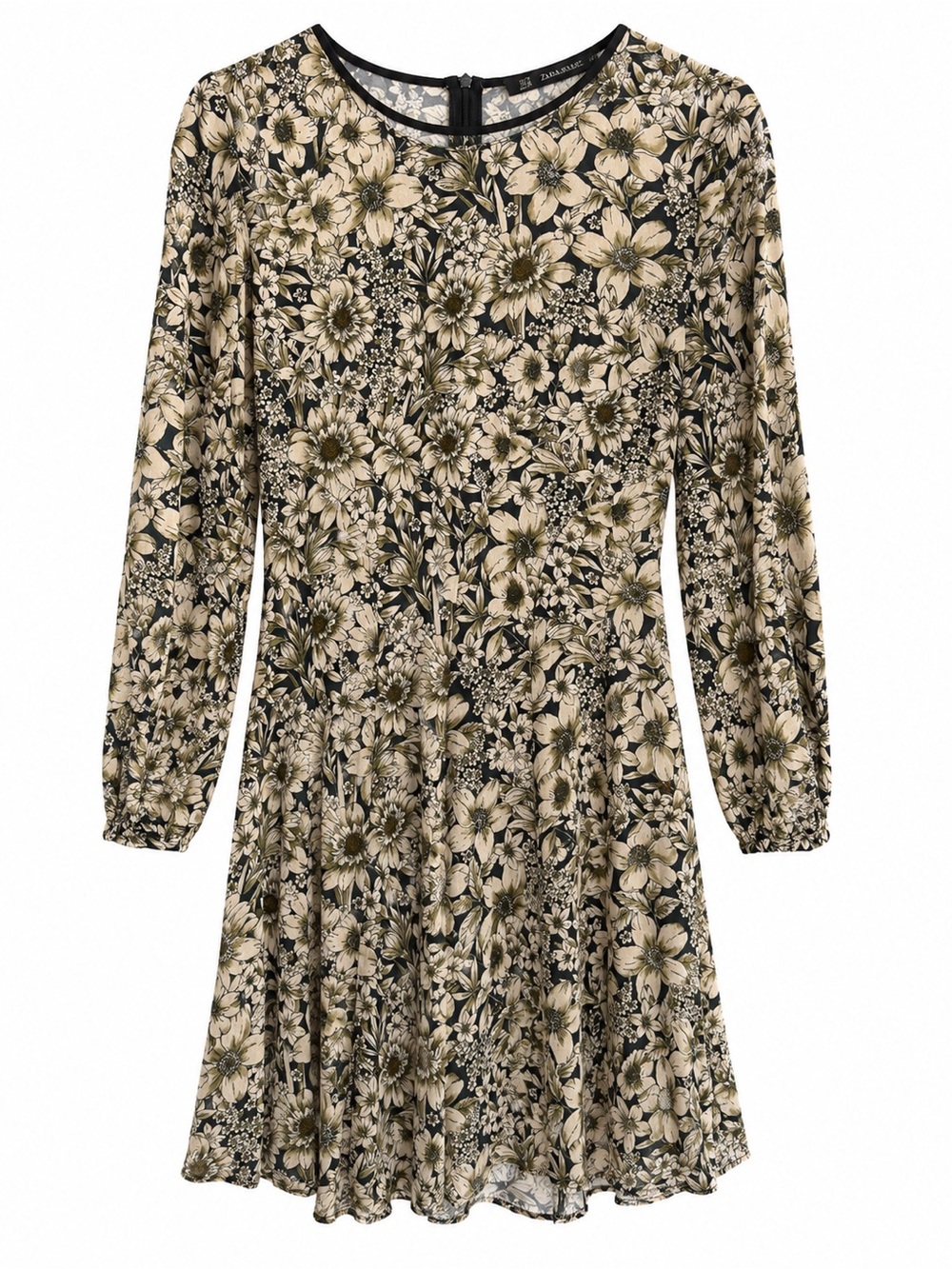 92. Zara Basics Floral Long-Sleeve Mini Dress in Black and Cream